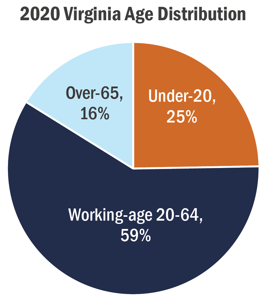 Virginia age distribution pie chart for 2020
