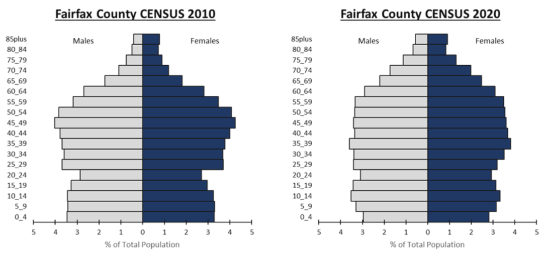 Fairfax County age pyramid 2010 vs. 2020