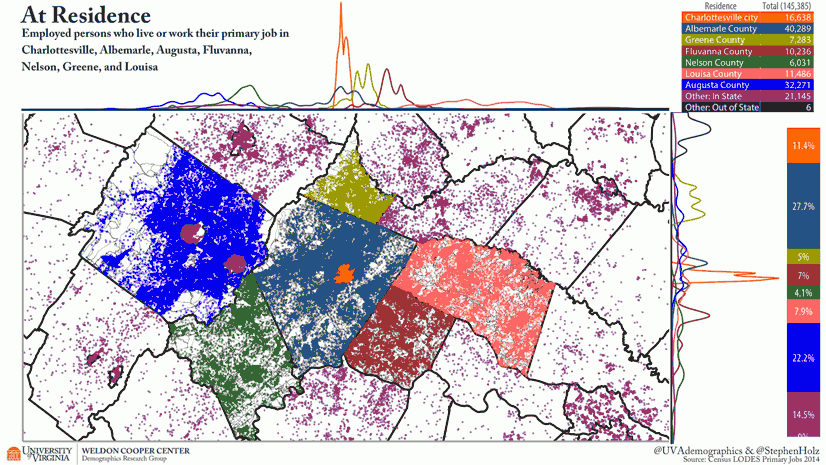Charlottesville area commuter patterns - animated map