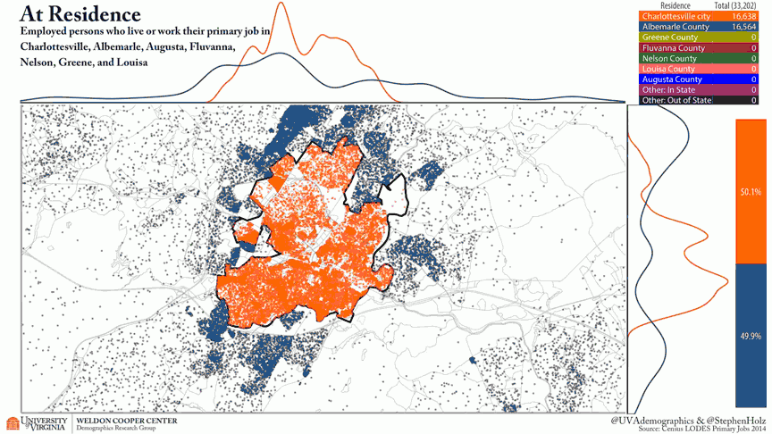 Charlottesville area commuter patterns zoomed in - animated map