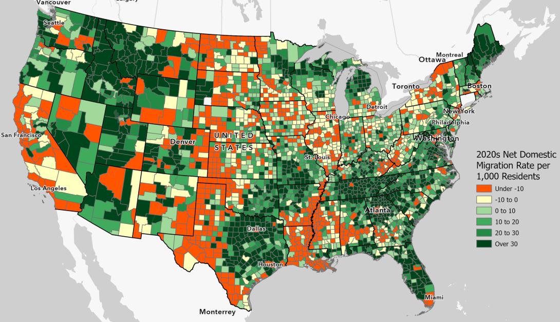 2020s domestic migration rate by county, VA