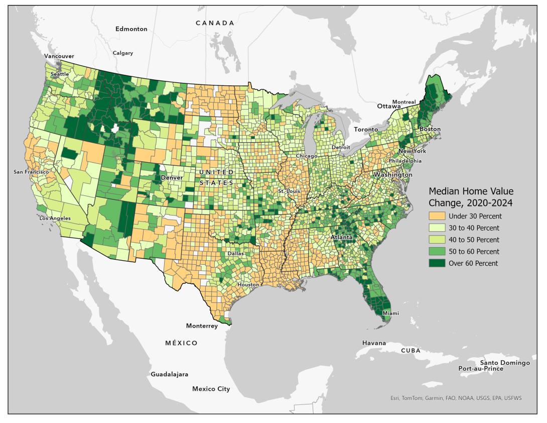 Change in median home value: 2020-2024, VA