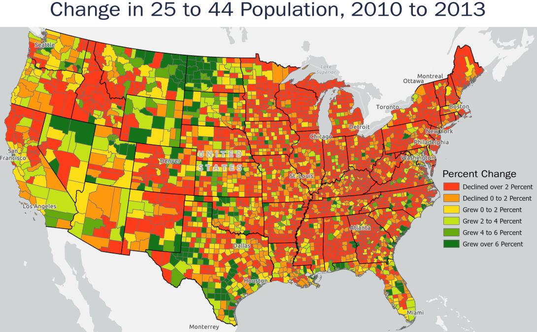 Change in 25 to 44 Population, 2010-2013