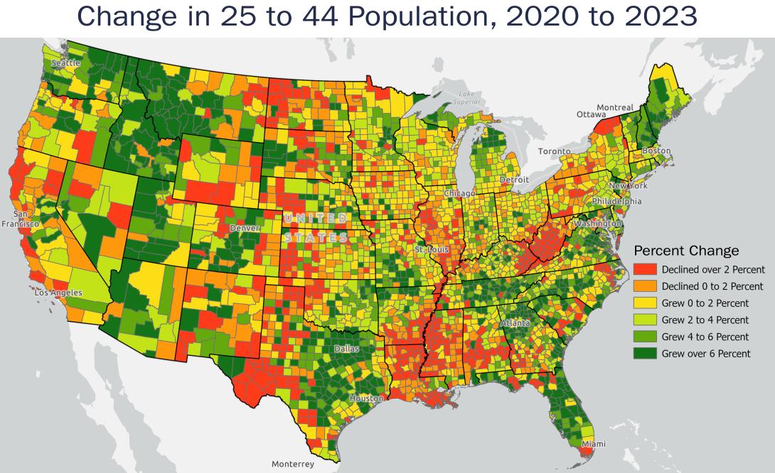 Change in 25 to 44 Population, 2020-2023